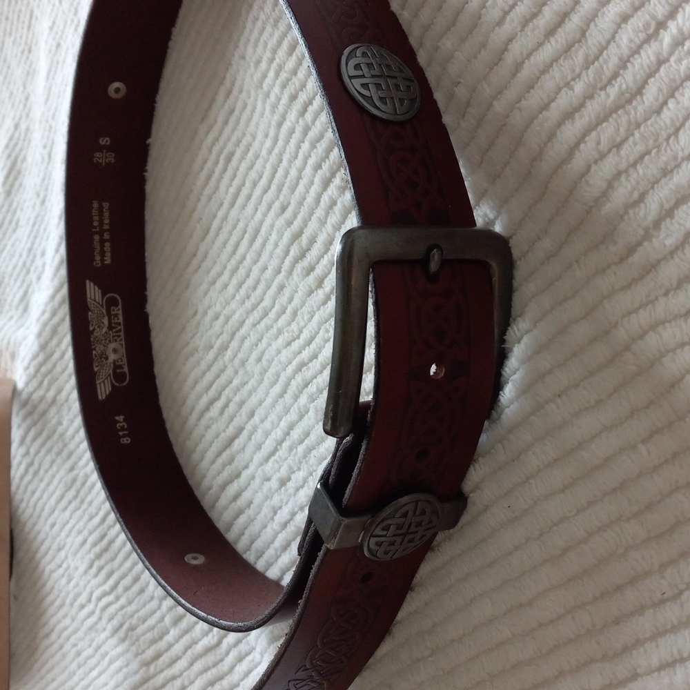 LEE RIVER Buckle Belt 8134 Celtic Design Brown Leather SZ 28 S Made in Ireland